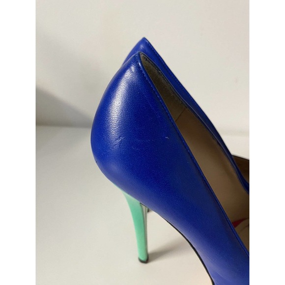 Stuart Weitzman Victoria Pump Ultramar Blue Colorblock Peep Toe Leather … - Picture 7 of 12